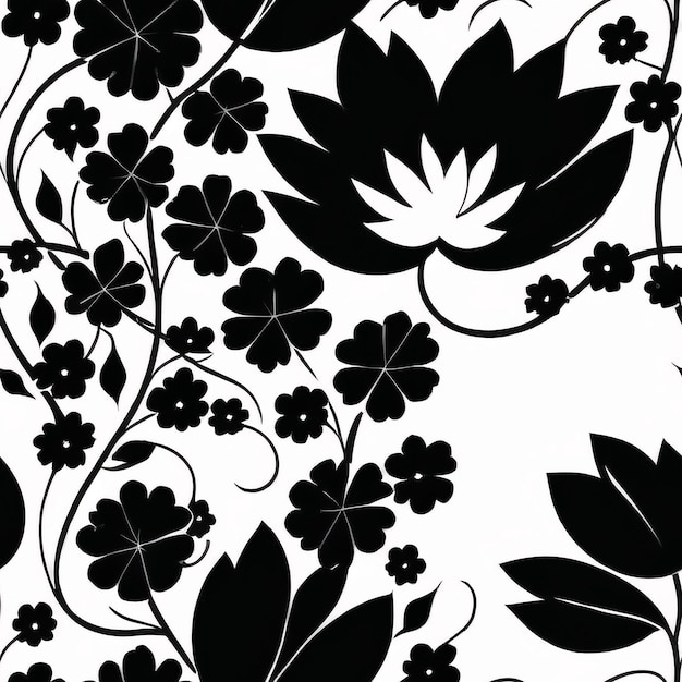 Um padrão floral preto e branco com flores e folhas.