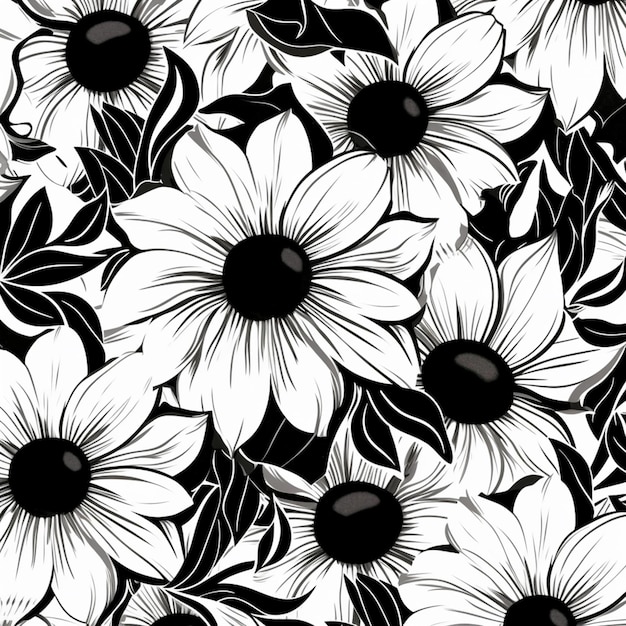 Um padrão floral preto e branco com flores pretas e brancas generativas ai