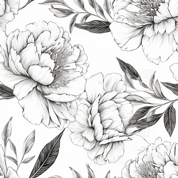 Um padrão floral preto e branco com folhas e flores generativas ai