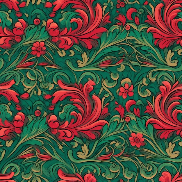 Um padrão floral verde e vermelho com flores vermelhas generativas ai