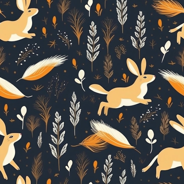 Um padrão perfeito com coelhos e plantas