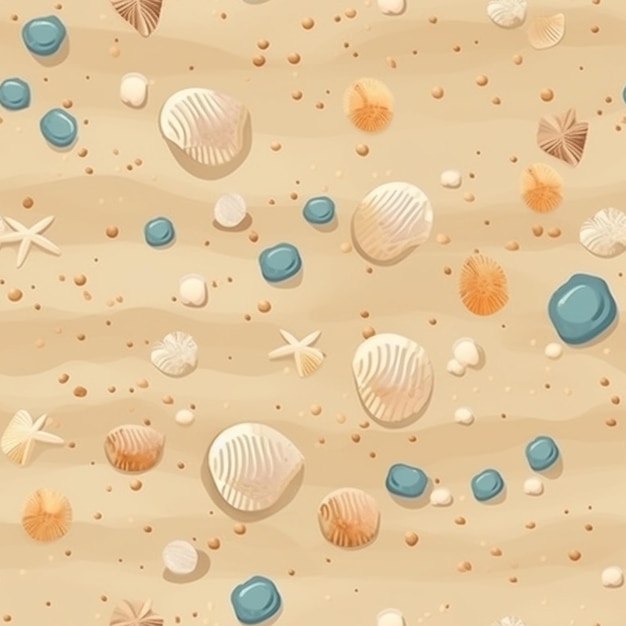 Foto um padrão perfeito com conchas e estrelas do mar em uma praia arenosa.