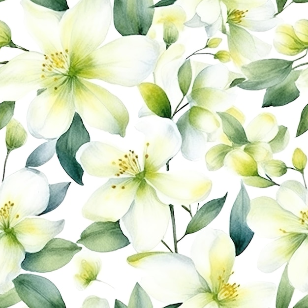 Um padrão perfeito com flores brancas e folhas verdes.