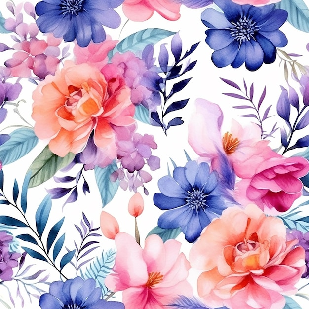Um padrão perfeito com flores coloridas em um fundo branco