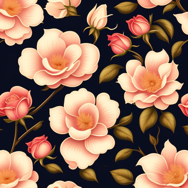 Um padrão perfeito com flores cor de rosa e folhas verdes.