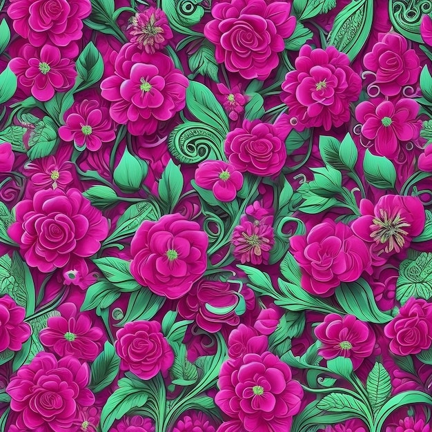 Um padrão perfeito com flores cor de rosa e folhas verdes.