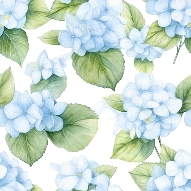 Um padrão perfeito com flores de hortênsia azul sobre um fundo branco. ilustração em aquarela.