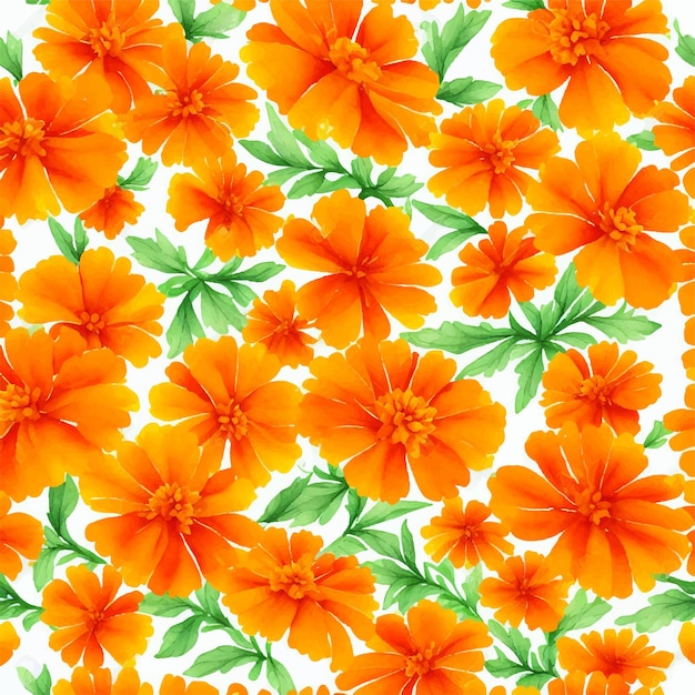 Um padrão perfeito com flores de laranja e folhas em um fundo branco