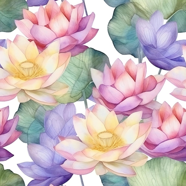 Um padrão perfeito com flores de lótus em aquarela.