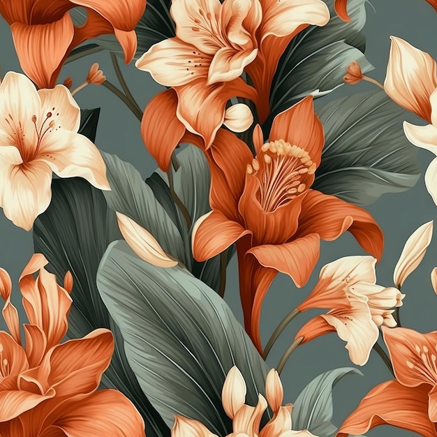 Um padrão perfeito com flores laranja e brancas sobre um fundo azul.