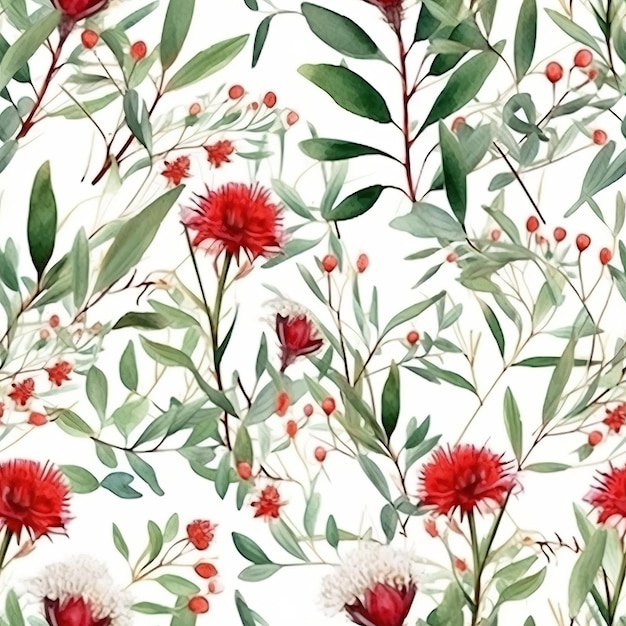 Um padrão perfeito com flores vermelhas e folhas em um fundo branco.