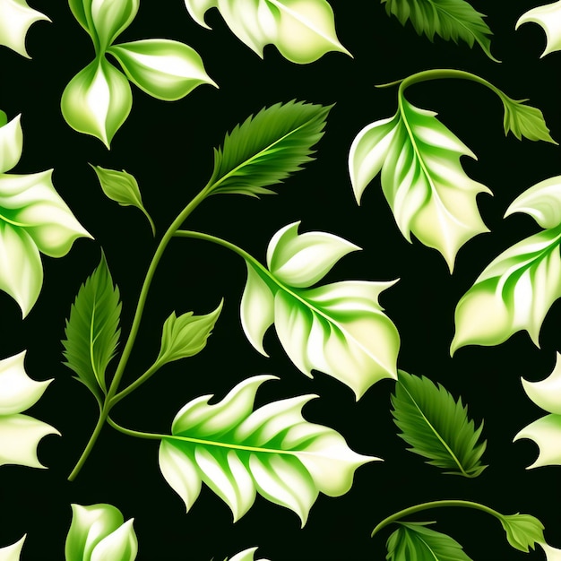 Um padrão perfeito com folhas verdes e flores brancas em um fundo preto.