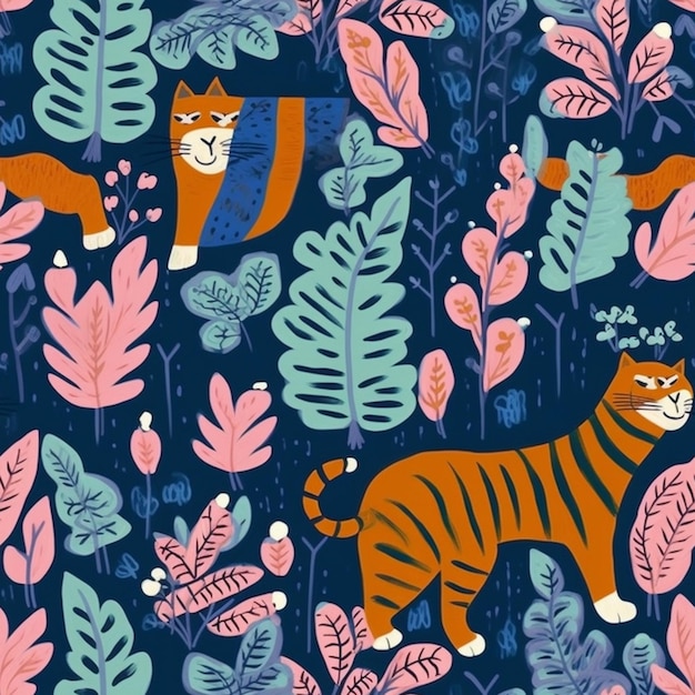 Um padrão perfeito com gatos e plantas.