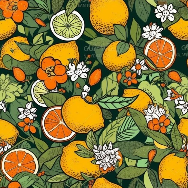 Um padrão perfeito com laranjas e flores sobre um fundo verde.