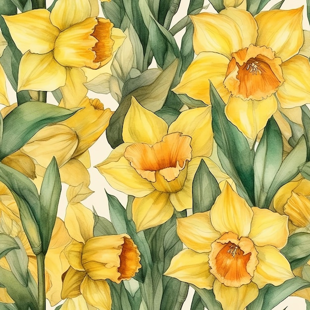 Um padrão perfeito com narcisos amarelos sobre um fundo branco.