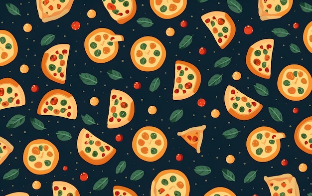 Um padrão perfeito com pizzas e folhas em um fundo escuro.
