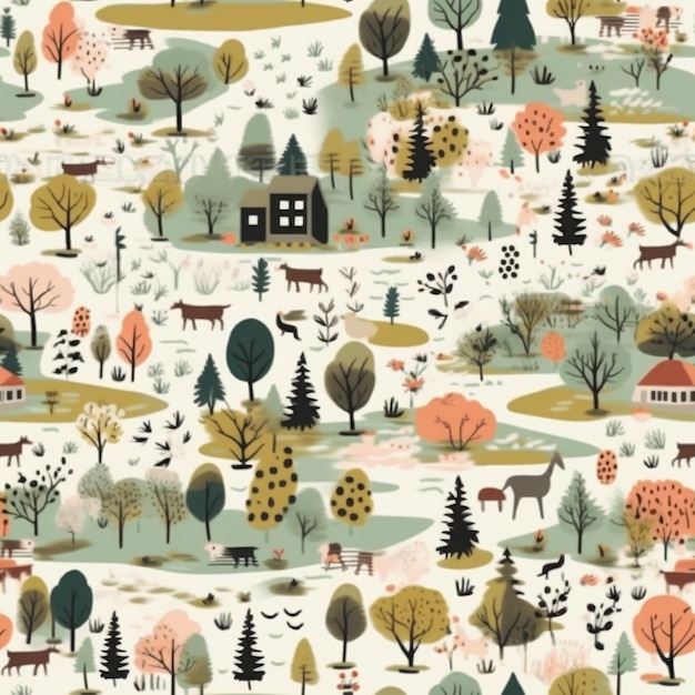 Um padrão perfeito com uma floresta e casas.