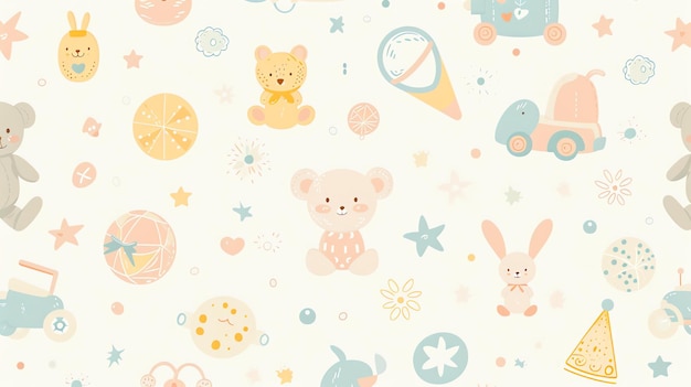 Foto um padrão perfeito de brinquedos de bebê bonitos e coloridos o padrão apresenta ursos de pelúcia, coelhos, carros e cascavéis