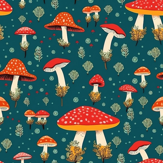 Um padrão perfeito de cogumelos em um fundo azul escuro.