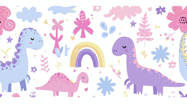 Foto um padrão perfeito de dinossauros bonitos e elementos florais os dinossauros estão em cores pastel e as flores estão em cores brilhantes