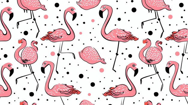 Foto um padrão perfeito de flamingos rosa em um fundo branco com pontos polka