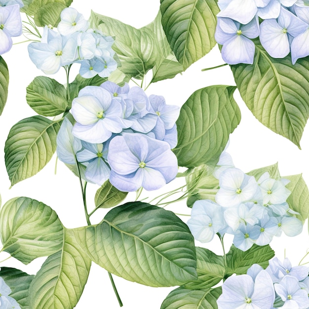 Um padrão perfeito de flores de hortênsia azuis e brancas com folhas verdes.