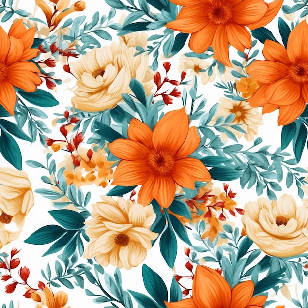 Um padrão perfeito de flores laranja e amarelas com folhas e flores.