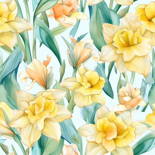 Um padrão perfeito de narcisos amarelos com folhas verdes sobre um fundo azul.