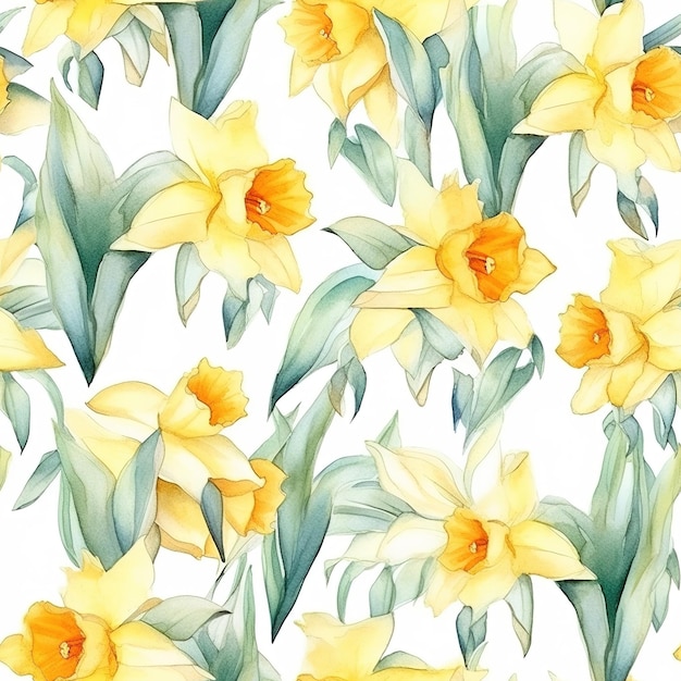 Um padrão perfeito de narcisos amarelos sobre um fundo branco. ilustração em aquarela.