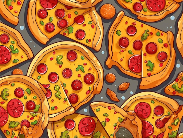 Foto um padrão perfeito de pizzas com calabresa e azeitonas.