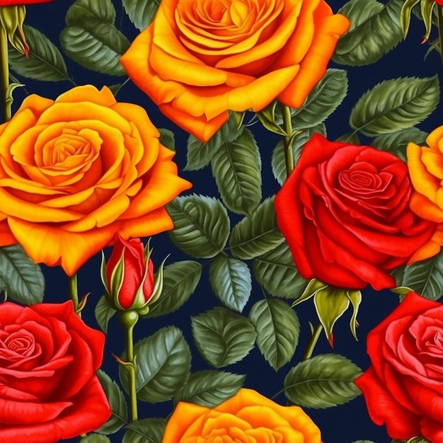 Um padrão perfeito de rosas com folhas verdes e rosas vermelhas.