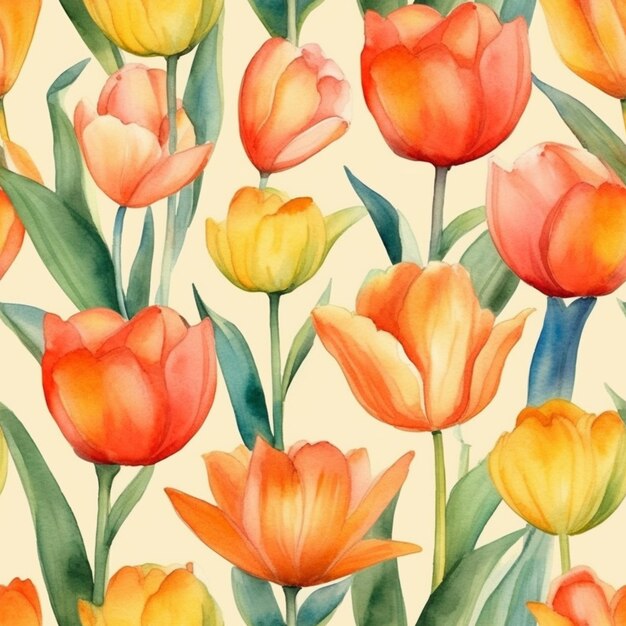 Um padrão perfeito de tulipas coloridas em um fundo amarelo.