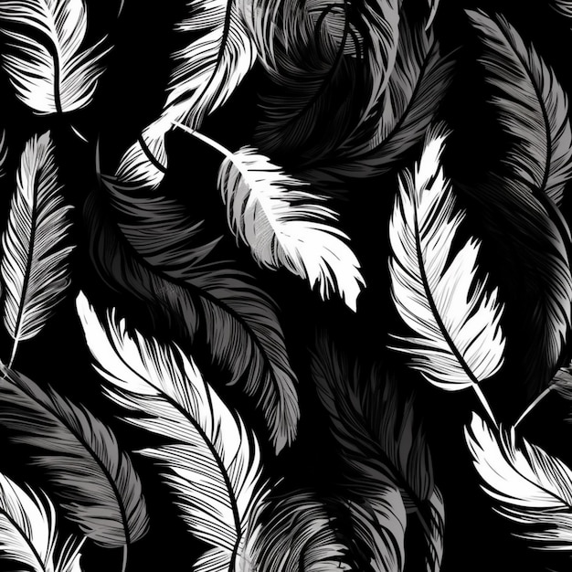Um padrão preto e branco com penas em um fundo preto generativo ai