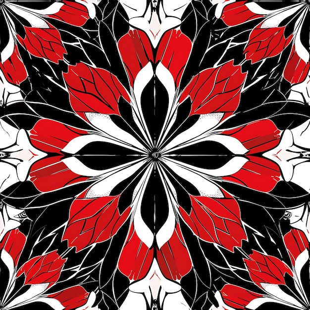 um padrão preto e branco com um desenho de flores em vermelho e preto