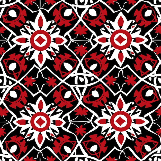 um padrão preto e branco com uma flor vermelha e branca