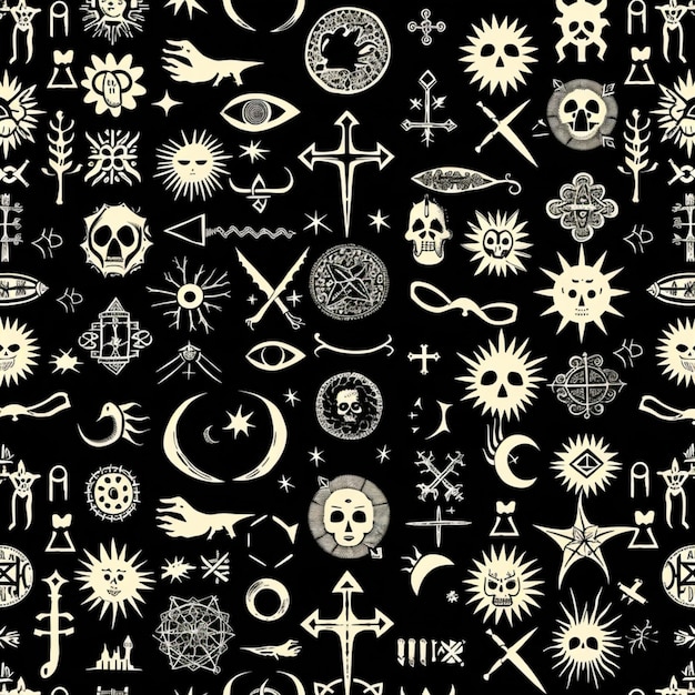 um padrão preto e branco com vários símbolos e símbolos generativos ai