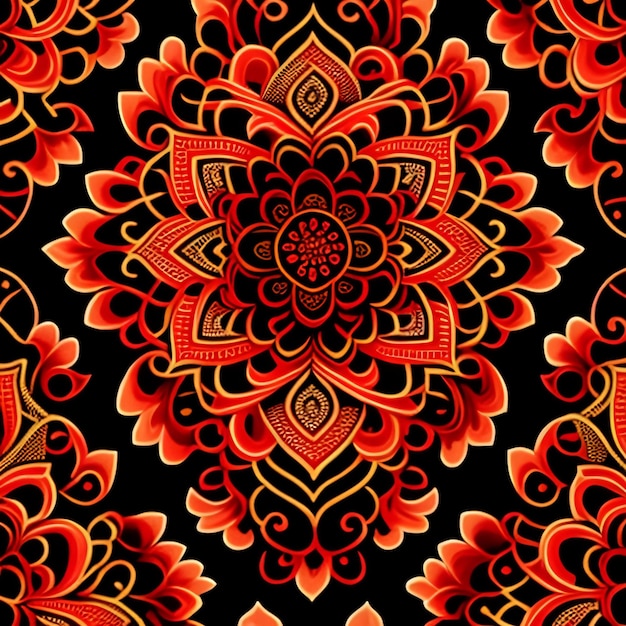 Um padrão preto e vermelho com um desenho de mandala.