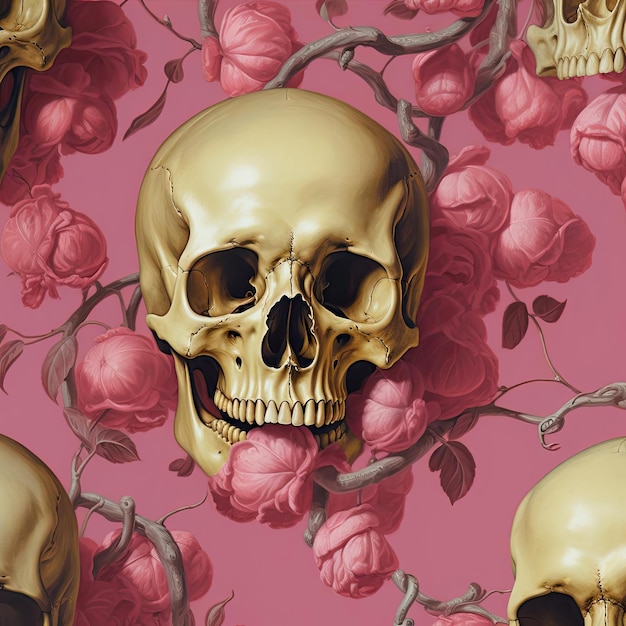 Foto um padrão rosa com um crânio amarelo no estilo do surrealismo realista