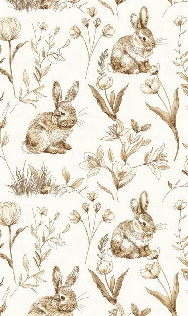Foto um padrão sem costuras com bordados de coelhos e tulipas suave