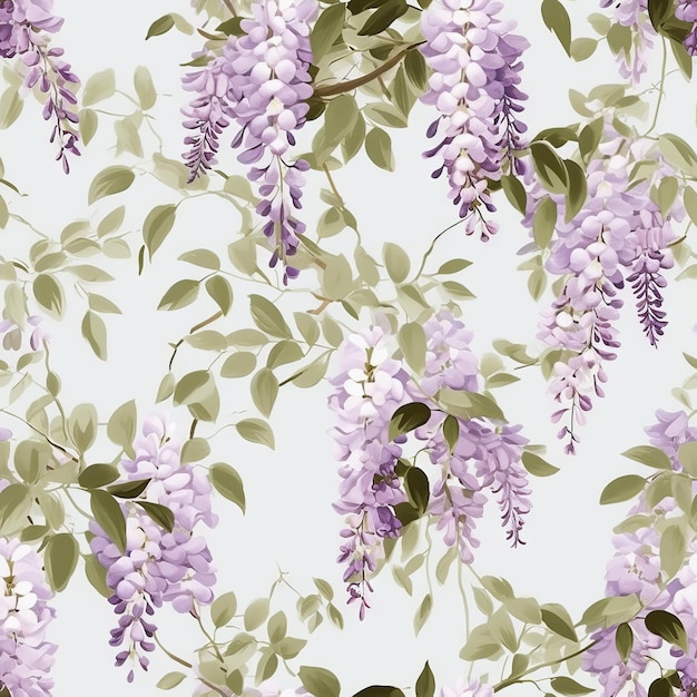 Um padrão sem emenda de flores de glicínias em um fundo branco.
