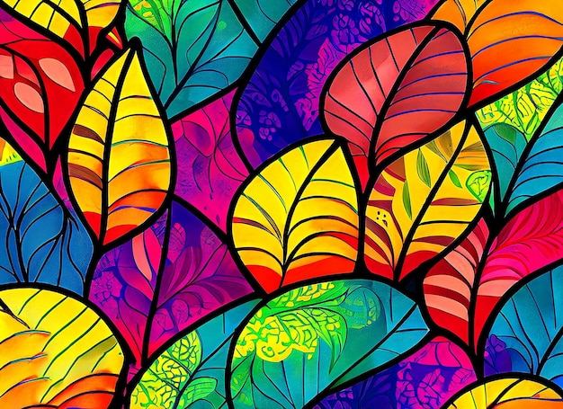 Um padrão único e afetuoso de folhas desenhadas à mão adornadas com um espectro de cores