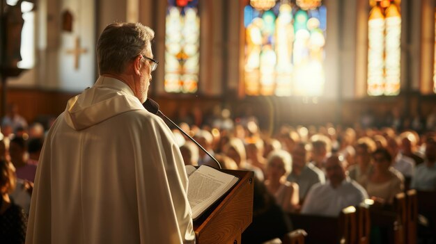 Um padre dando um sermão do púlpito a uma congregação de ouvintes atentos