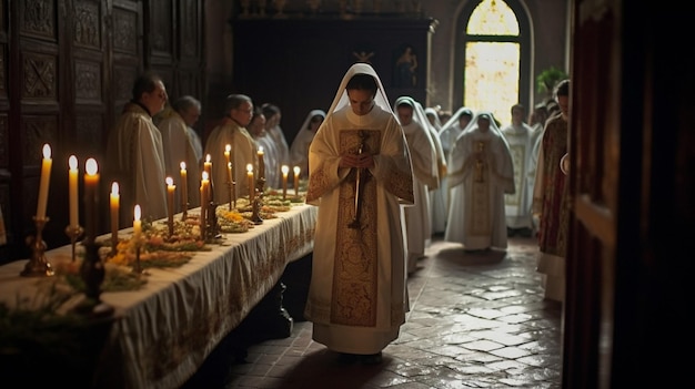 Um padre reza em uma igreja com velas na mesa