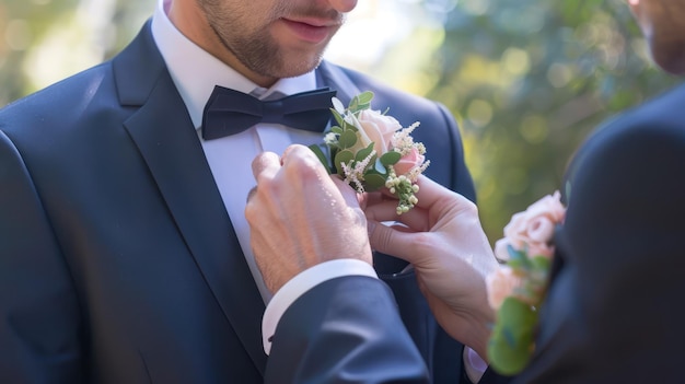 Um padrinho ajudando o noivo com seu boutonniere