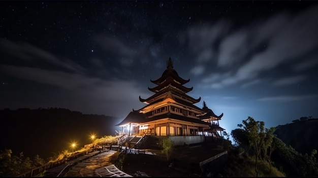 Um pagode à noite com o céu ao fundo