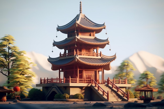 Um pagode chinês com uma montanha ao fundo
