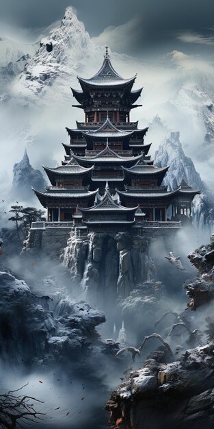 Foto um pagode com uma montanha ao fundo