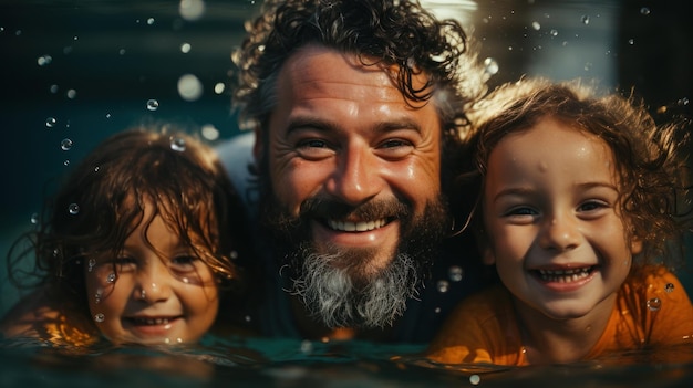 Foto um pai a nadar com os filhos.