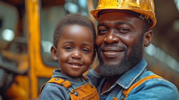 Um pai africano adulto, vestindo um boné de segurança, está feliz em ensinar seu filho a operar um trator no armazém de sua própria empresa