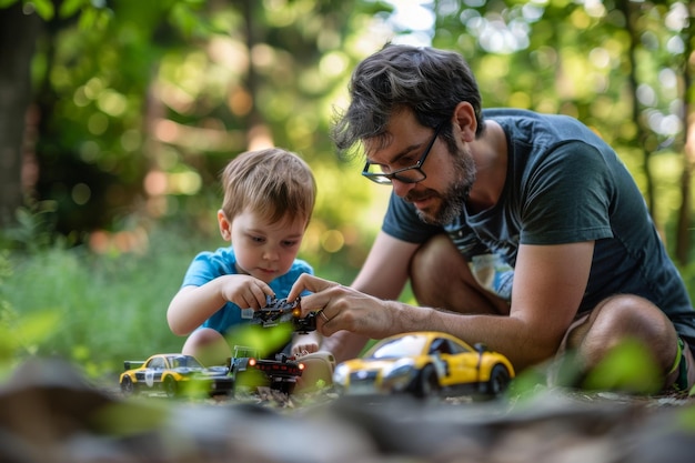 Um pai ajudando seu filho a consertar um carro de brinquedo